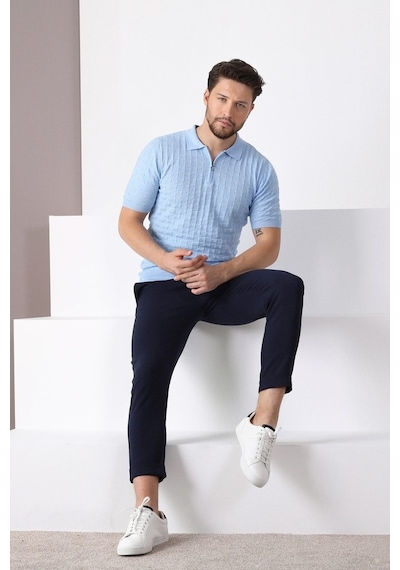Ferraro Mavi Polo Yaka Fermuarlı Erkek Pamuk Triko T-Shirt-Mavi (429067812) Mavi