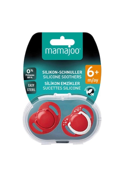 Mamajoo Ortodontik Emzik Seti 6 Ay+ Kırmızı & Beyaz | İkili, Silikon, Damaklı | Sterilizasyon & Saklama Kabı
