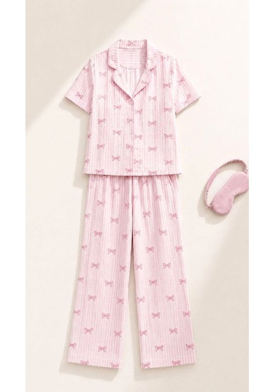 Suısy Pink Bow Pembe Fiyonk Desenli Uzun Pijama Takımı