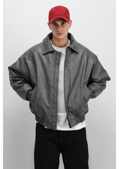 Vamos Oversize Deri Bomber Ceket Gri