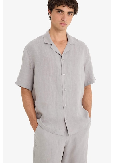 Defacto %100 Keten Relax Fit Apaş Yaka Kısa Kollu Gömlek F4597ax25hsgr454 Gri
