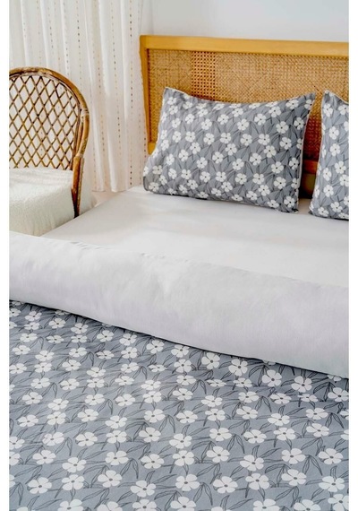 Gri Çift Kişilik Nevresim Takımı Pamuklu Çiçek Desenli Henna 200x215 Cm Gri