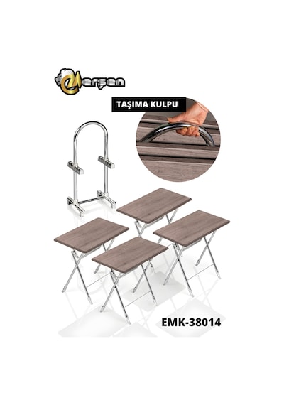 Eranş Serisi 4'lü Katlanır Mdf Mebran Beyaz Gri Desen Çanta Zigon Sehpa Krom Ayak Koyu Barok Desen Krom Ayak
