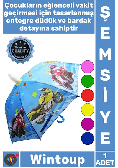 Wintoup Şemsiye Dayanıklı Renkli Eğlenceli Kaliteli Kız Erkek Bardaklı Düdüklü 8 Telli Çocuk Şemsiyesi Çok Renkli