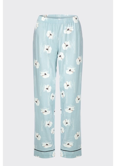 Kadın V Yaka Çiçek Desenli Ara Biyeli Uzun Kollu Pamuklu Pijama Takımı Ko70141 Mavi - Beyaz