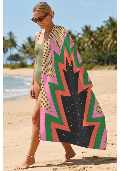 Geometrik Modern Etnik Plaj Havlusu - Renkli Pop Art Zigzag Hızlı Kuruyan Mikrofiber Havlu Sedef Tınısı
