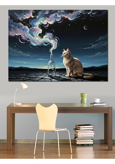Gece Beyaz Kedi Dekoratif Kanvas - Mdf Ahşap Tablo