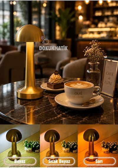 Metal Mantar Gold Masa Lambası Dokunmatik 3 Işıklı Şarjlı