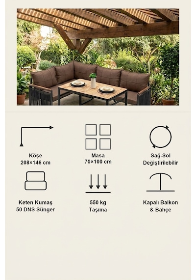 Laguna Köşe Takımı Masa Ve Puflu Bahçe Balkon Köşe Koltuk, Keten, Kahve Antrasit