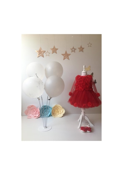 Hayy Baby Kids Wear Kız Bebek Kırmızı Şifon Çiçekli Elbise