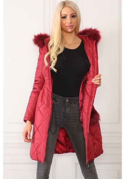 Dewberry Z6646 Dewberryn Kürklü Ponponlu Bayan Kaban-bordo