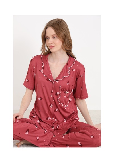Elitol Cares Örme Likralı Kadın Düğmeli Pijama Takımı Desenli-9