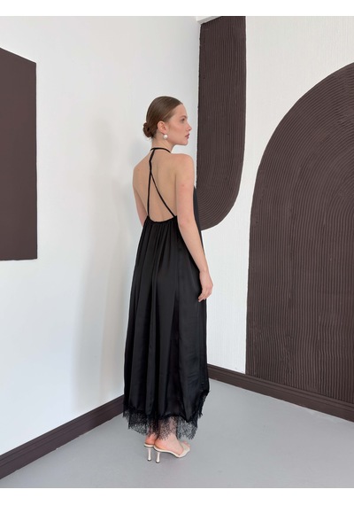 Verymoda Dantel Detaylı Saten Elbise D3022 Siyah
