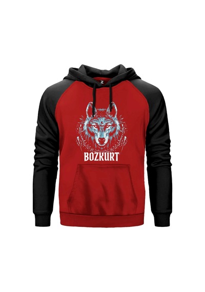 Buz Mavisi Bozkurt Başı Yazılı Baskılı Gri Renk Reglan Kol Sweatshirt Kapşonlu