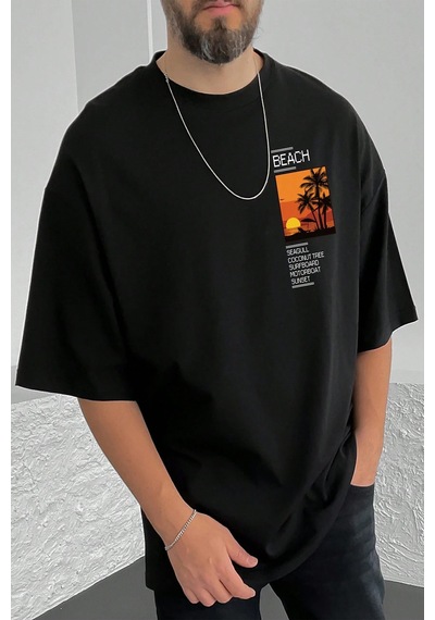 Erkek Beach Baskılı Oversize Tshirt Siyah