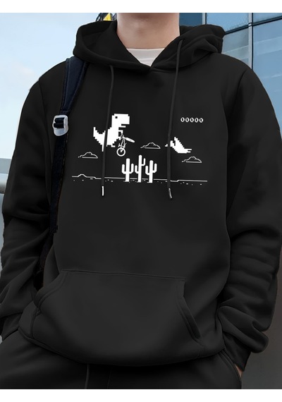 Startmore Startmoredinozorlar Kaktüs Üzerinde Baskılı Erkek Kapüşonlu Üstü Sonbahar Cepli Sweatshirt Temel Polar Siyah