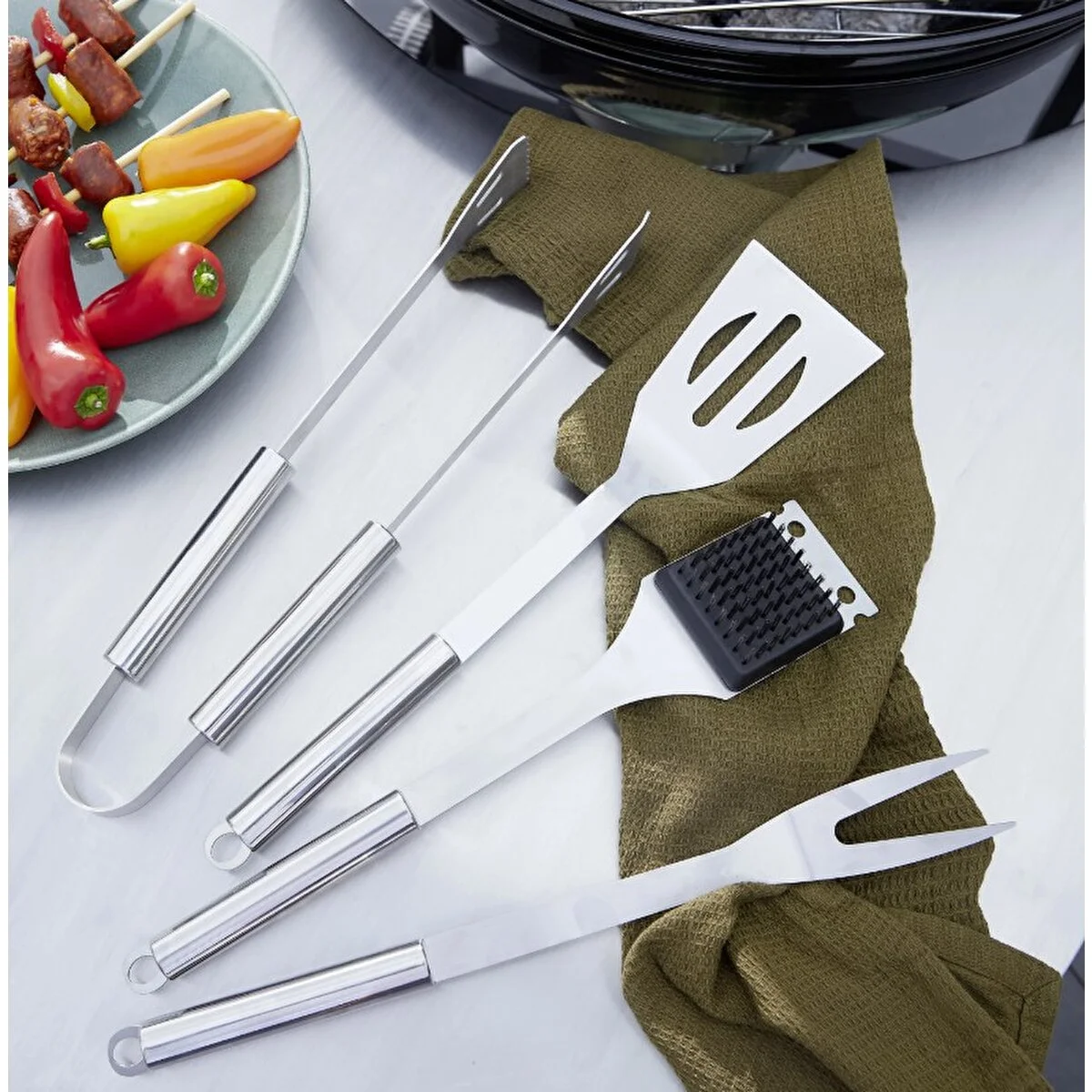 Paslanmaz Çelik Barbekü Mangal Aletleri Seti Maşa, Çatal, Spatula Ve Fırça 4 Parça Taşıma Çantalı