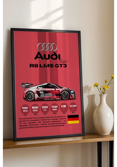 Audi R8 Lms Gt3 Premium Spor Araba Çerçeveli Tablo - Teknik Özellikli Otomobil Sever Duvar Dekoru Siyah Audi R8 Lms Gt3 Premium Spor Araba Çerçeveli Tablo - Teknik Özellikli Otomobil Sever Duvar Dekoru Siyah