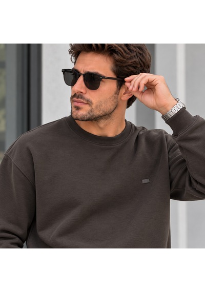 Erkek Modal Kumaş Bisiklet Yaka Sweatshirt Şık Tasarım, Tam Kalıp Kahverengi