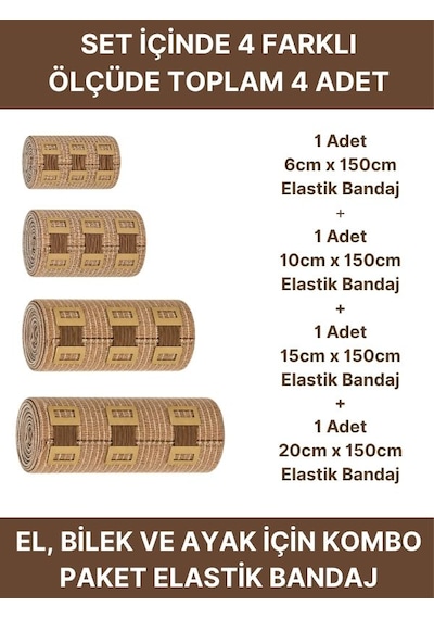 Elastik Bandaj Seti 4 Lü 1x6cm+1x10cm+1x15cm+1x20cm 16 Klipsli 4,5 Metreye Kadar Uzar, Spor Ve Günlük Kullanım