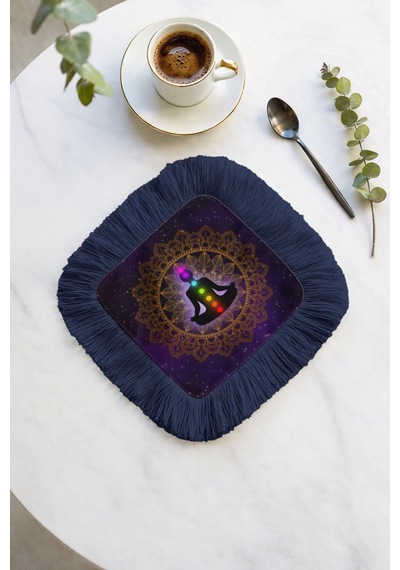 Mandala Saçaklı Sunum Peçetesi - Meditasyon Temalı Bohem Mor Lacivert Bardak Altlığı Mendil Çok Renkli