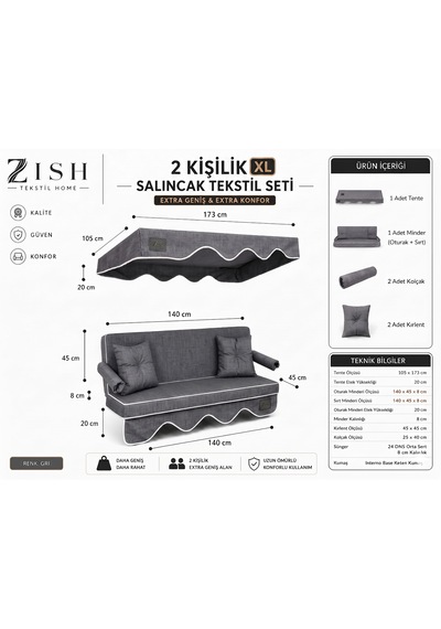 Altaleno 2 Kişilik 140 45 Cm Süngerli Bahçe Balkon Salıncak Minderi Yıkanabilir Kılıflı, Tenteli Keten Kumaş Tekstil Seti 24 Dns 8 Cm Orta Sert Sünger Gri