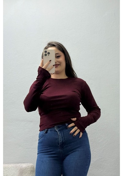 Belendir Kadın Bisiklet Yaka Buzzy Ribana Pamuk Geçmeli Body Bordo