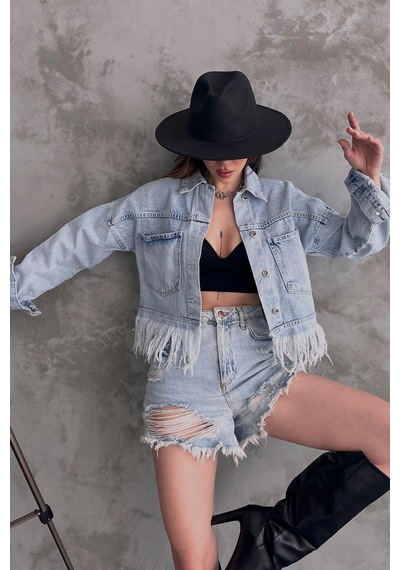 Buz Mavi Saçak Detaylı Denim Ceket Bcdf-245413 Çok Renkli