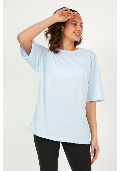 Düz Basic T-shirt - Buz Mavi Oversize Bisiklet Yaka Kısa Kol Tişört Mavi