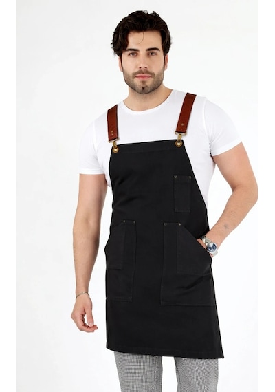 Barista Askılı Önlük Kanguru Cepli Deri Kemerli - Füme
