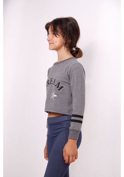 Toontoy Kız Çocuk Relax Fit Bisiklet Yaka Baskılı Crop Sweatshirt - 2 İplik Antrasit