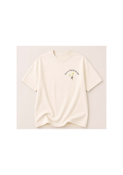 Herkesemoda Papatya Baskılı Kadın Bisiklet Yaka Pamuklu T-shirt Krem