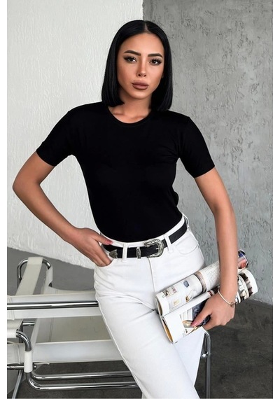 Lisinya Rahat Ve Şık Kısa Kollu Bisiklet Yaka Likralı Viskon Penye Body Siyah Çok Renkli