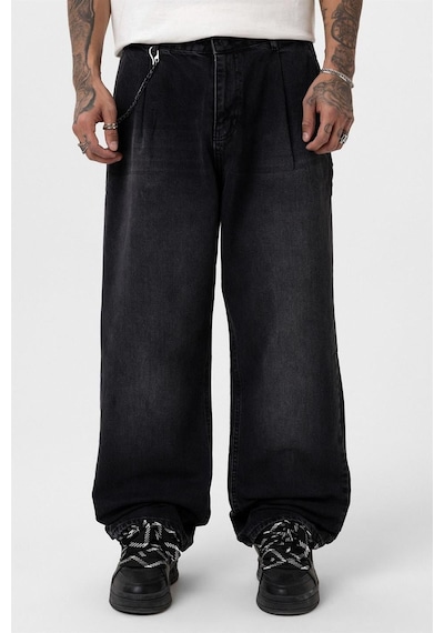 Vamos Pileli Zincir Detaylı Baggy Jean Antrasit