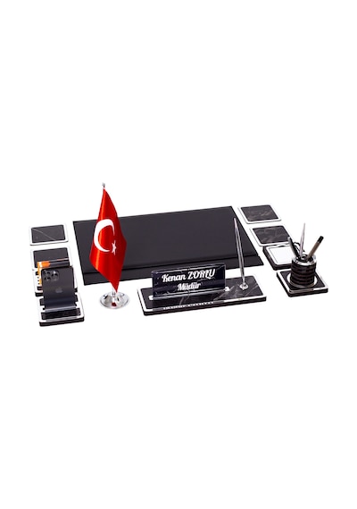 11 Parça Türk Bayraklı Mermer Desen Ahşap Sümen Takımı Masa İsimliği Deri Sümen Seti - Gümüş