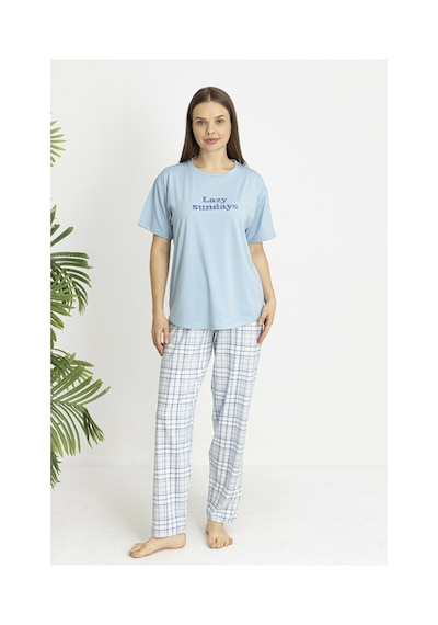 Estiva Kadın Kareli Alt Desenli Mavi Penye Lycra Kısa Kollu Pijama Takımı Çok renkli Estiva Kadın Kareli Alt Desenli Mavi Penye Lycra Kısa Kollu Pijama Takımı Çok renkli