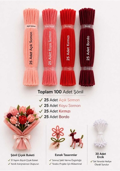 Şönil Çiçek Yapım Seti 100 Adet A.somon,k.somon,kırmızı,bordo