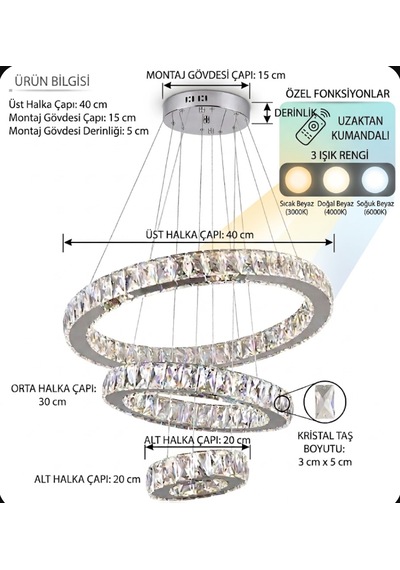 Ala Lighting Plaket Kristal Taş İşlemeli Krom Ayna Paslanmaz 3'lü Led Avize
