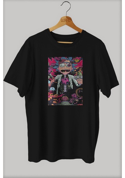 Noıssey -wed Rick Ve Morty Tasarım Baskılı Oversize T-shirt Tişört Sokak Tarzı Siyah