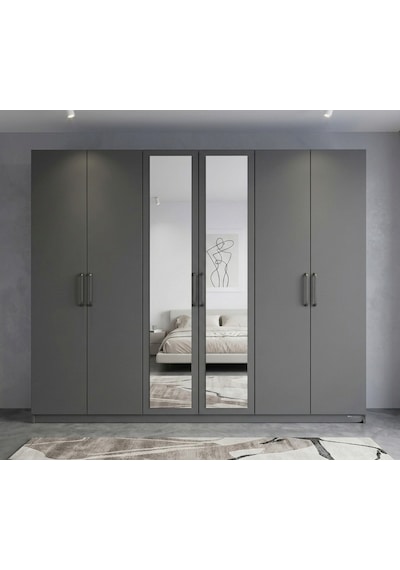 Zeplin Tamamı Mdf 6 Kapaklı Dolap Gardırop Füme 180 Cm Antrasit