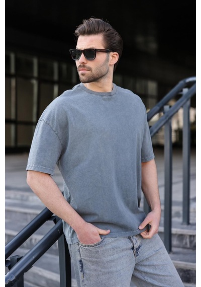 Madmext Gri %100 Pamuklu Oversize Erkek Tişört E7178 Gri