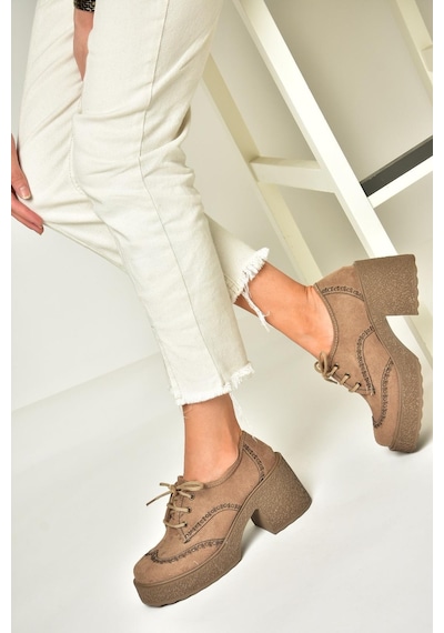 Fox Shoes T996157002 Vizon Süet Kalın Topuklu Kadın Ayakkabı vizon