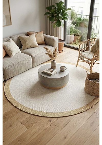 Natura Sisal Hasır Görünümlü Çerçeveli Yuvarlak Halı Ntr14 Sarı-krem