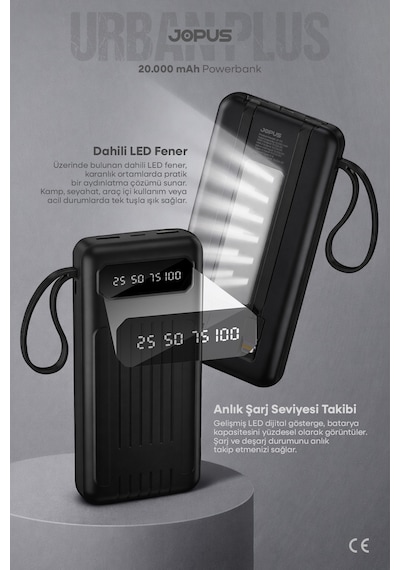 Jopus 20000mah Powerbank Dahili Kablolu, Lcd Ekranlı, Led Lambalı, Taşınabilir Şarj Cihazı Siyah