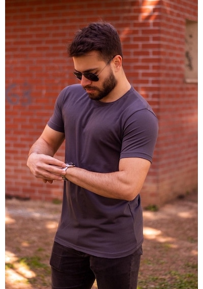 Azıcık Akıllı Füme Basic Rahat İnce Petek Kumaş Erkek Spor Tshirt 22Etshport