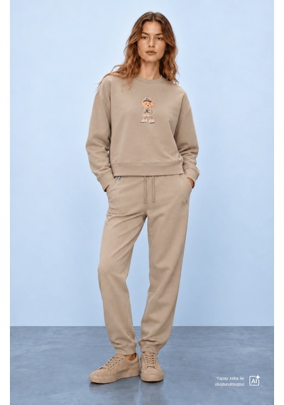 UCLA Cardı Bej Baskılı Pamuk Bisiklet Yaka Loose Fit Kadın Sweatshirt