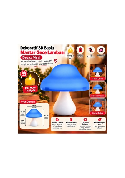 Dekoratif 3d Baskı Mantar Gece Lambası - Pilli Mum Hediyeli - Mavi Beyaz