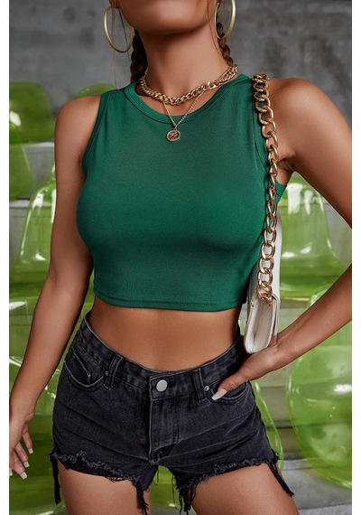 Angbutik Kadın Yeşil Kare Yaka Crop Top Bluz
