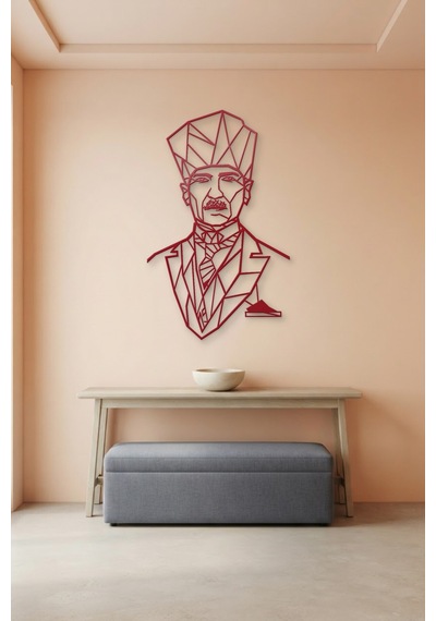 Atatürk Çizgi Metal Duvar Tablosu - Duvar Sanatı - Duvar Dekoru - Kırmızı