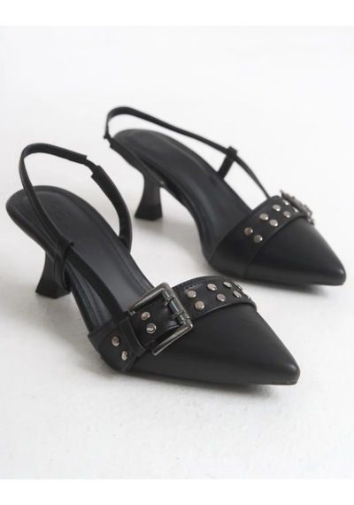 Feles Zımba Toka Detaylı Arkası Açık Stiletto Kadın Topuklu Ayakkabı Siyah